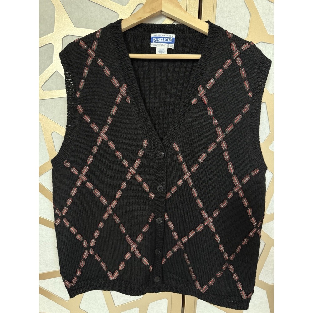 Vintage Pendleton Sweater Vest Large Black 100% Virgin Wool Tartan Plaid Ribbon